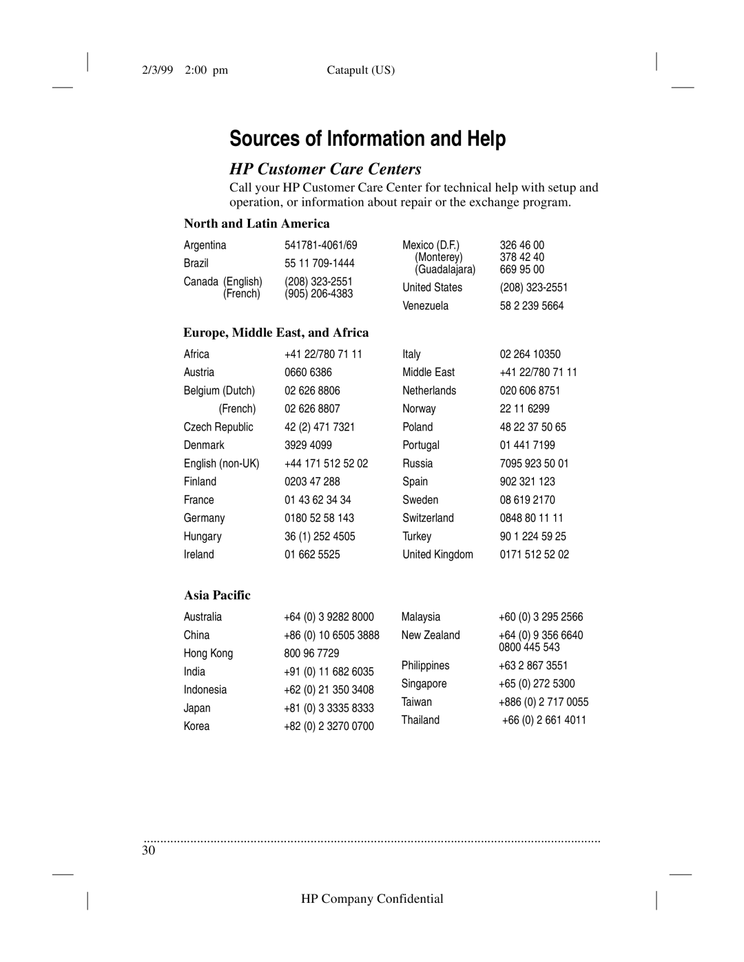 HP 920 Fax manual Sources of Information and Help, HP Customer Care Centers 