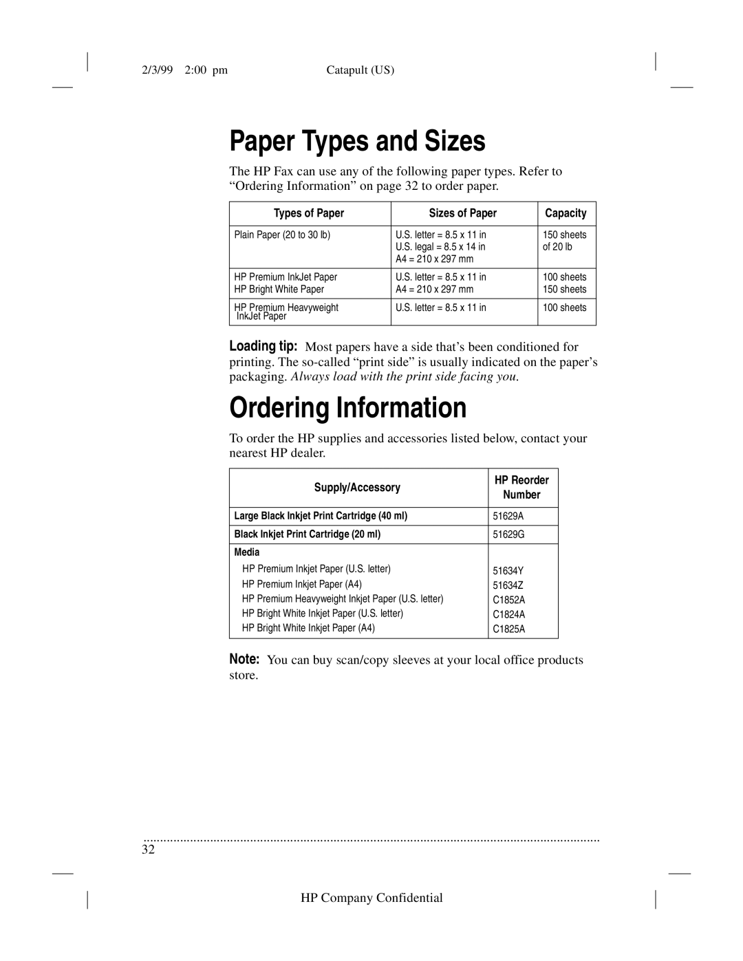 HP 920 Fax manual Paper Types and Sizes, Ordering Information 