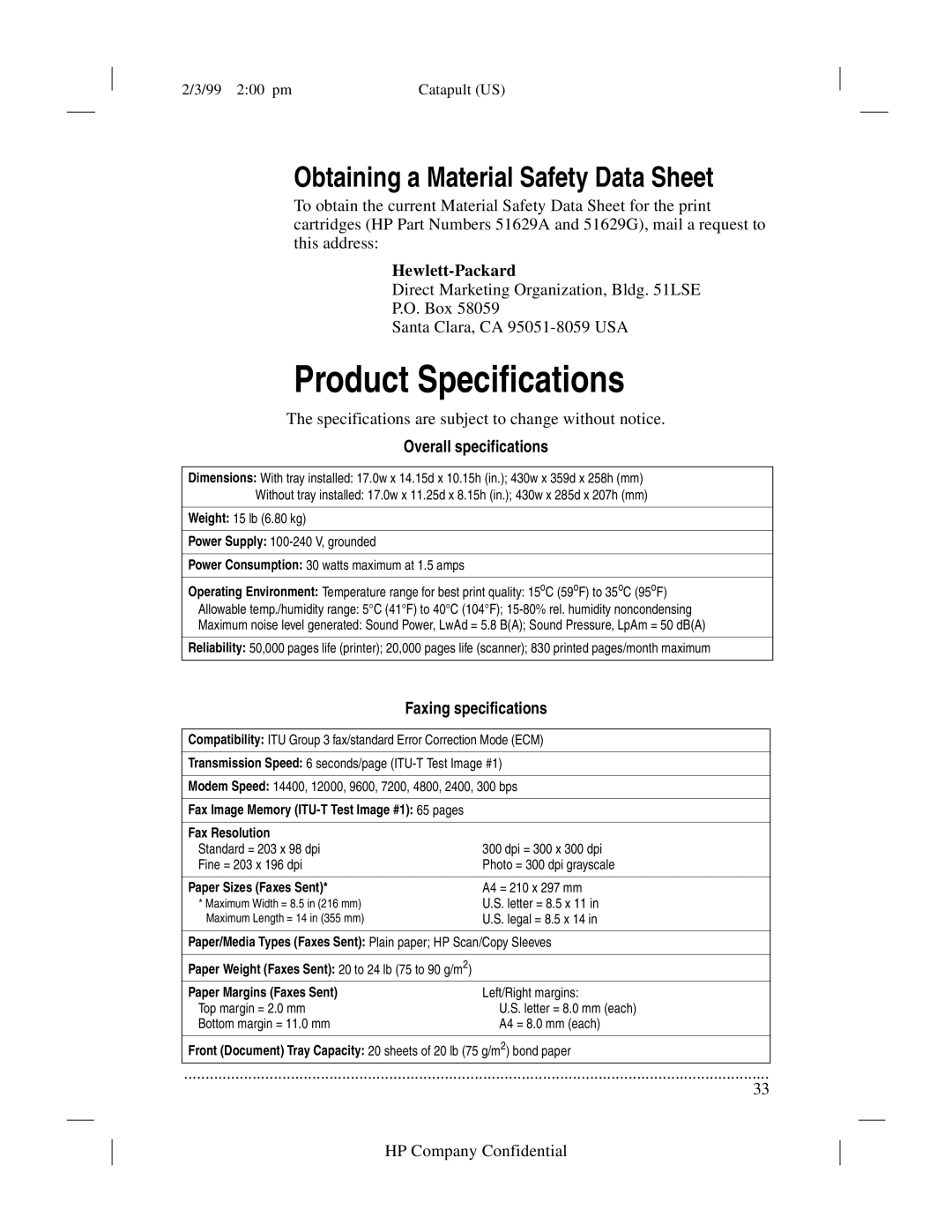 HP 920 Fax Product Specifications, Obtaining a Material Safety Data Sheet, Overall specifications, Faxing specifications 