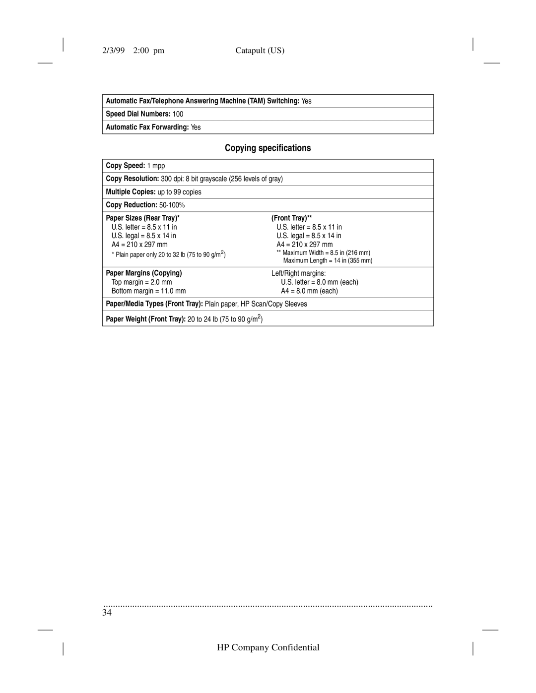 HP 920 Fax manual Copying specifications, Paper Margins Copying 