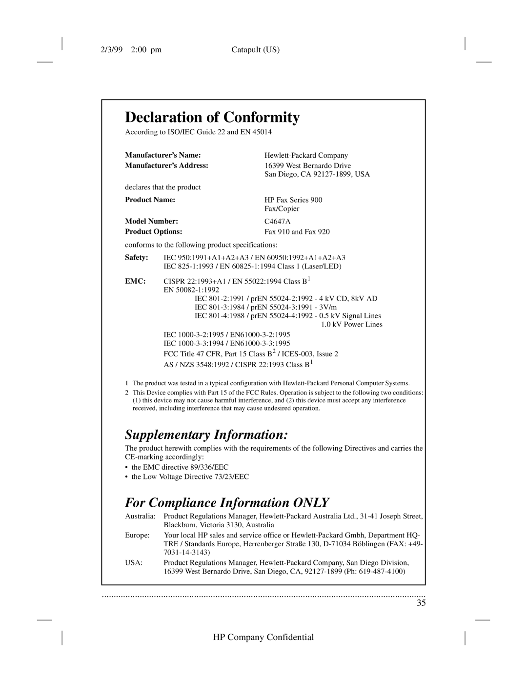 HP 920 Fax manual Declaration of Conformity 