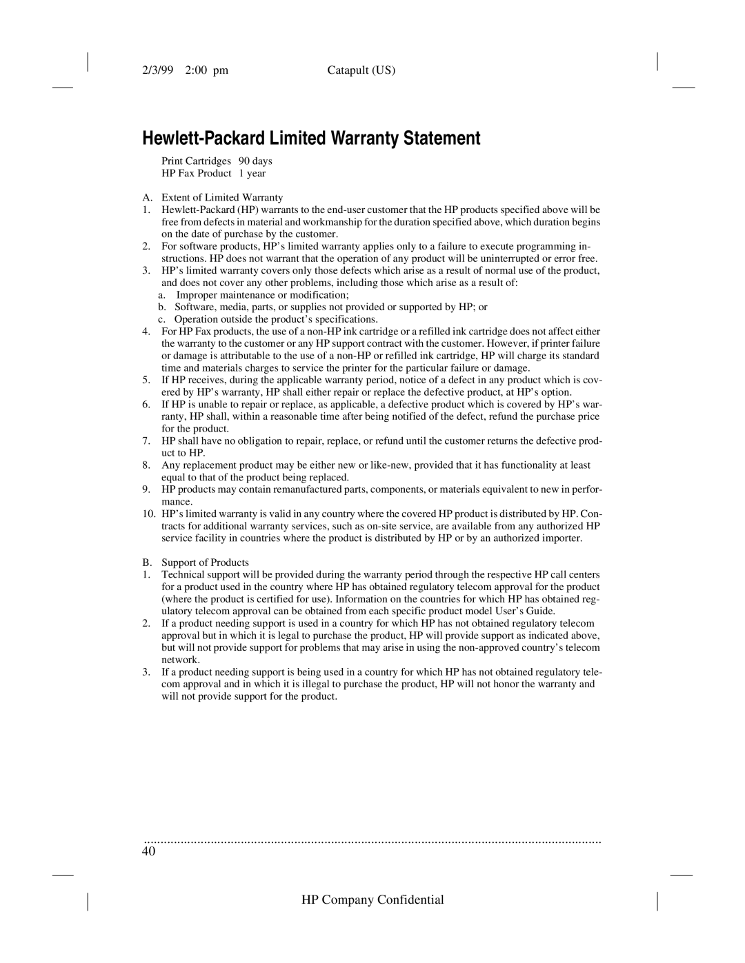 HP 920 Fax manual Hewlett-Packard Limited Warranty Statement 