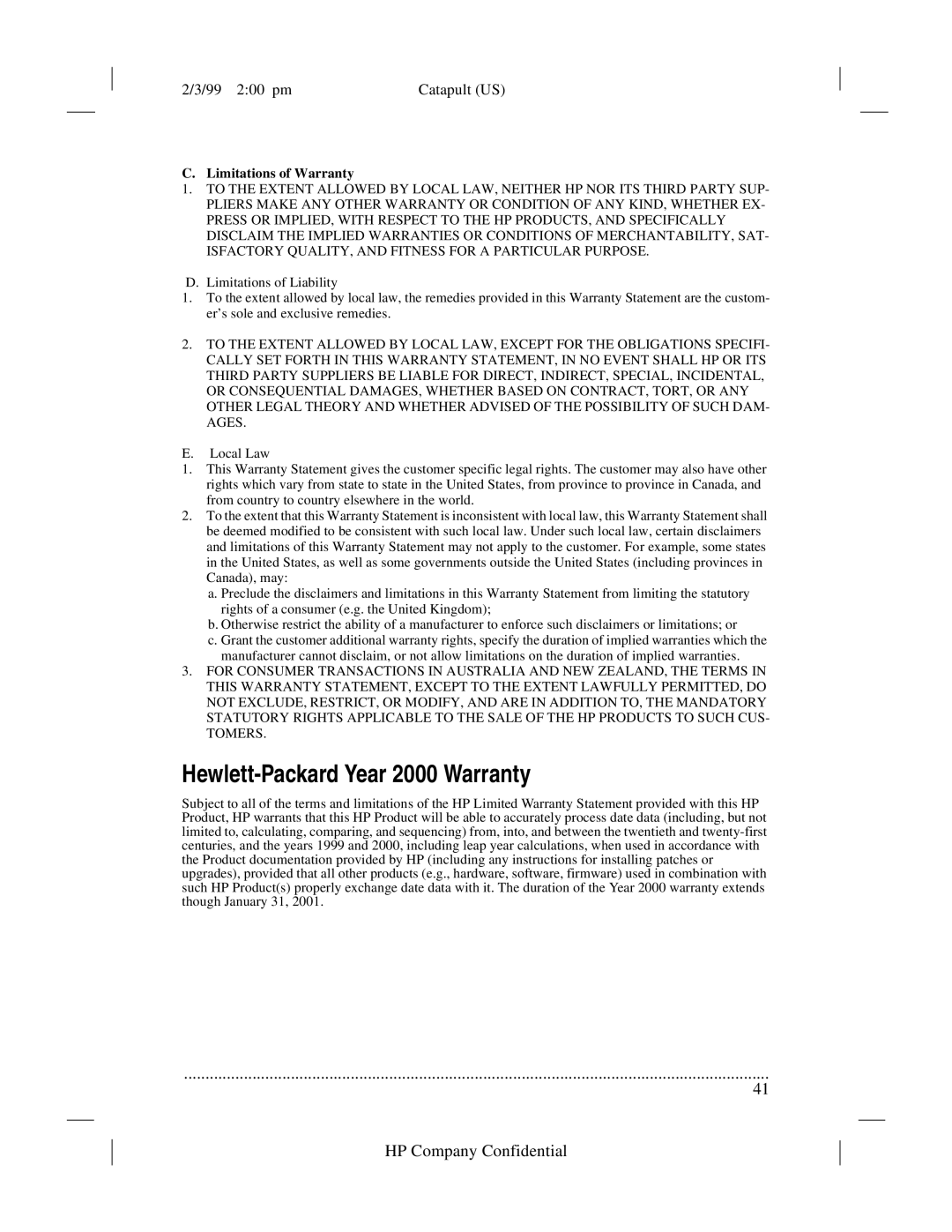 HP 920 Fax manual Hewlett-Packard Year 2000 Warranty 