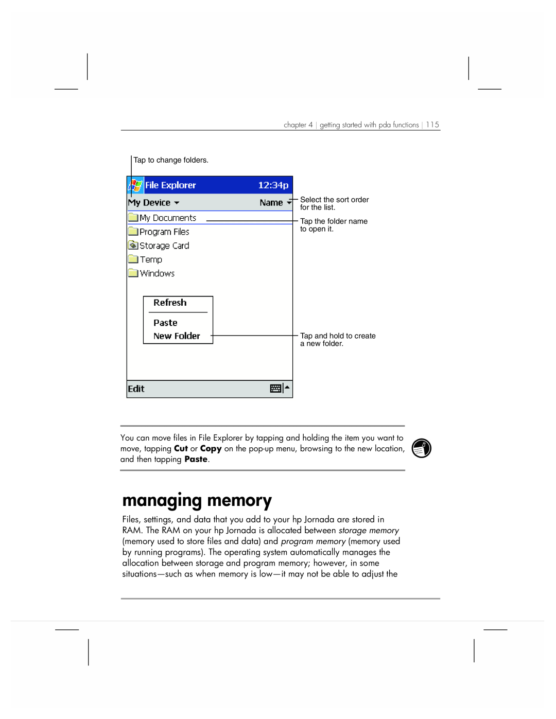 HP 920 manual managing memory, Tap to change folders Select the sort order for the list 