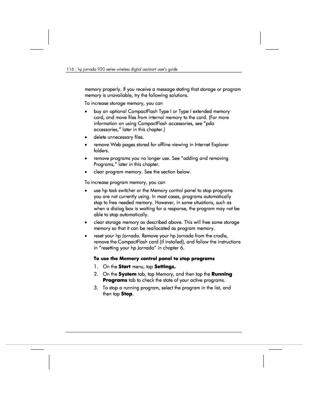 HP To use the Memory control panel to stop programs, hp Jornada 920 series wireless digital assistant user’s guide 