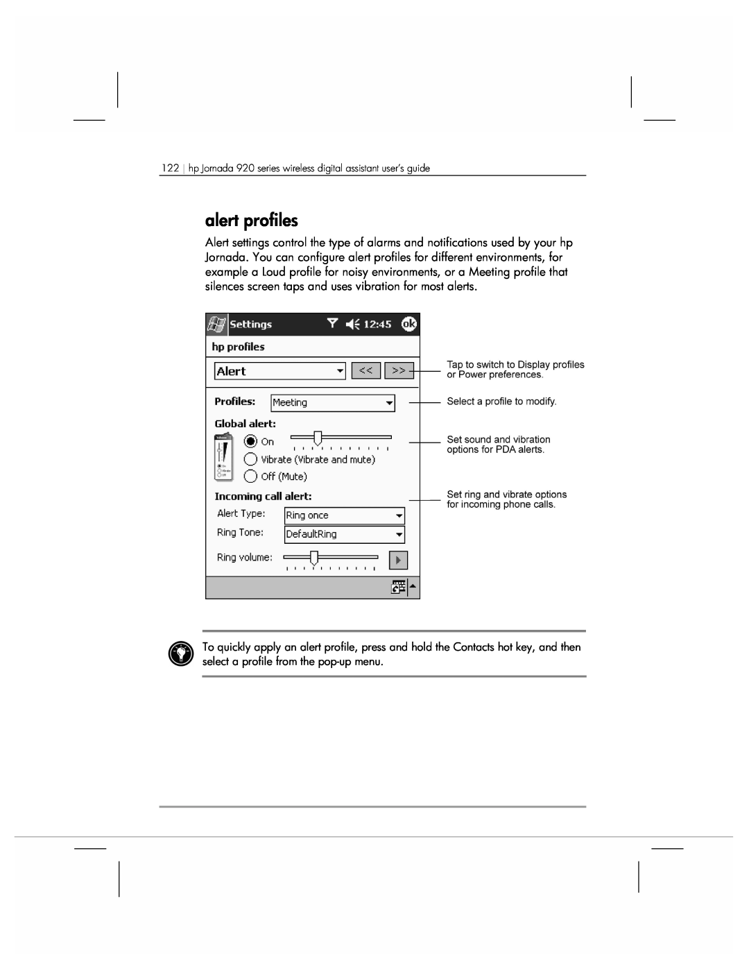 HP manual alert profiles, hp Jornada 920 series wireless digital assistant user’s guide 