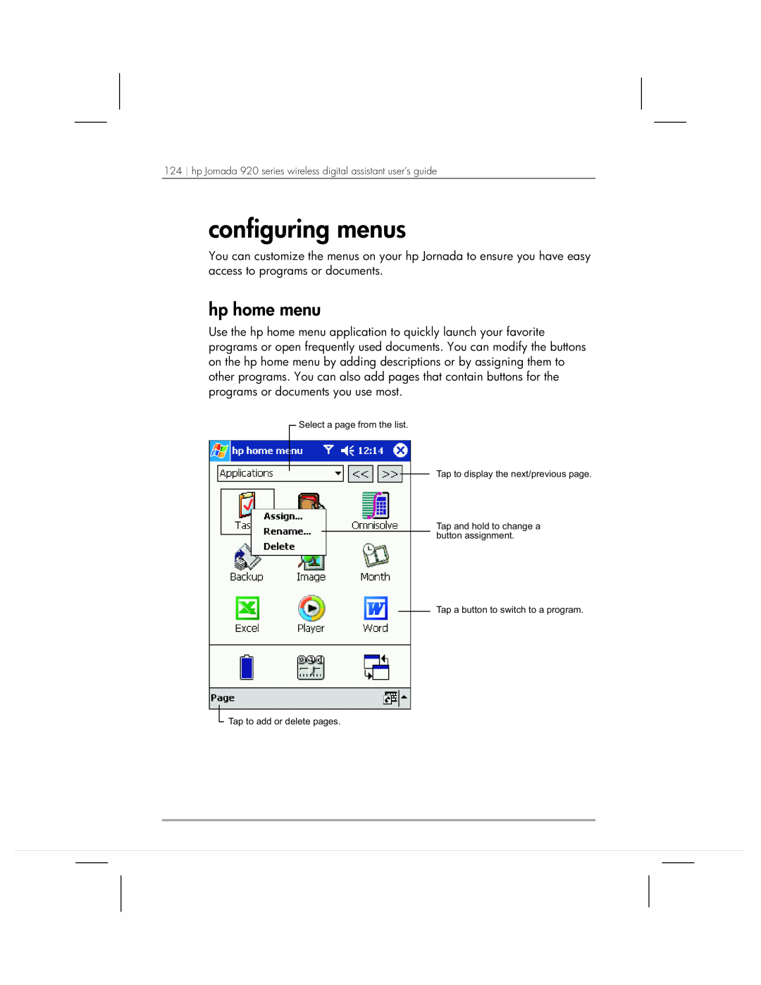 HP 920 manual configuring menus, hp home menu 