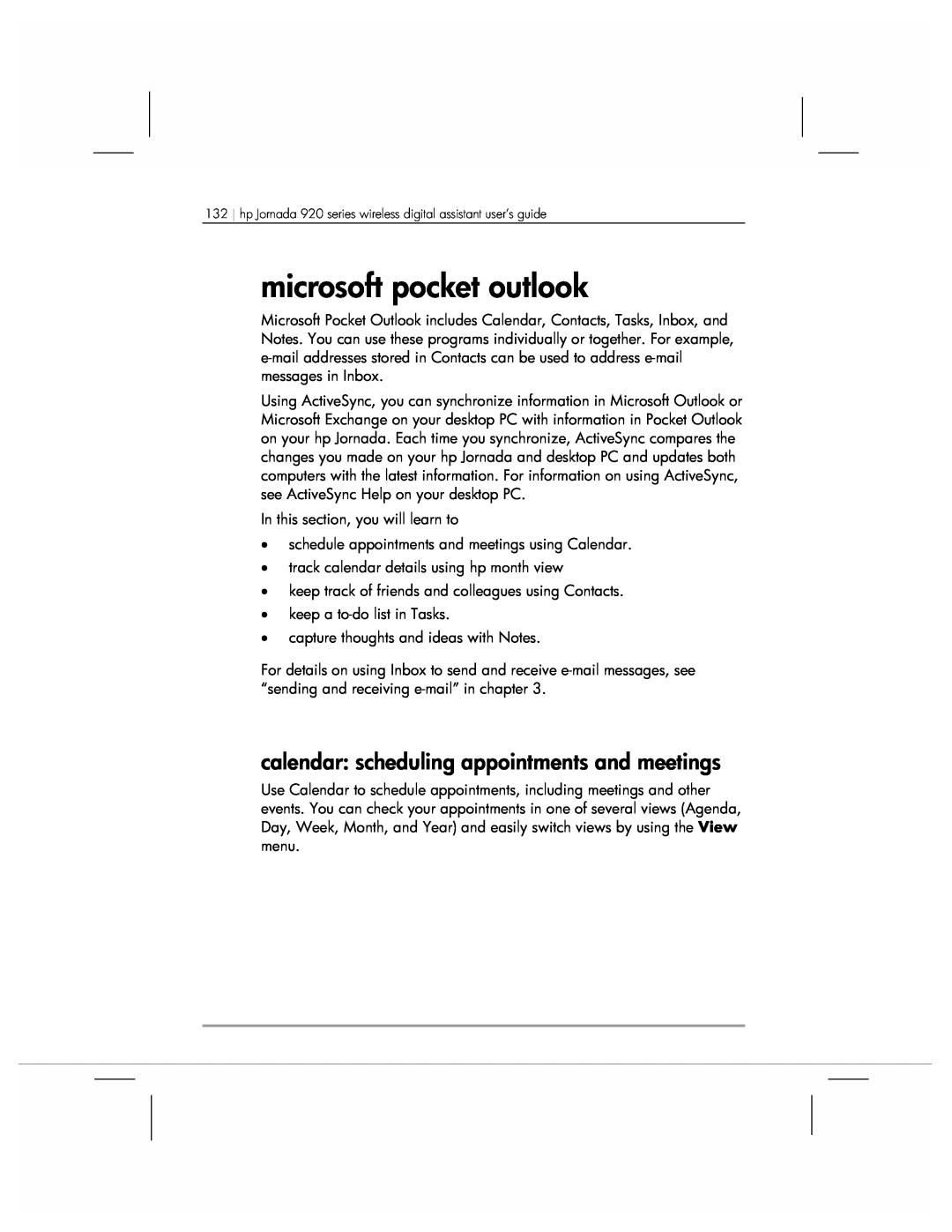HP 920 manual microsoft pocket outlook, calendar scheduling appointments and meetings 