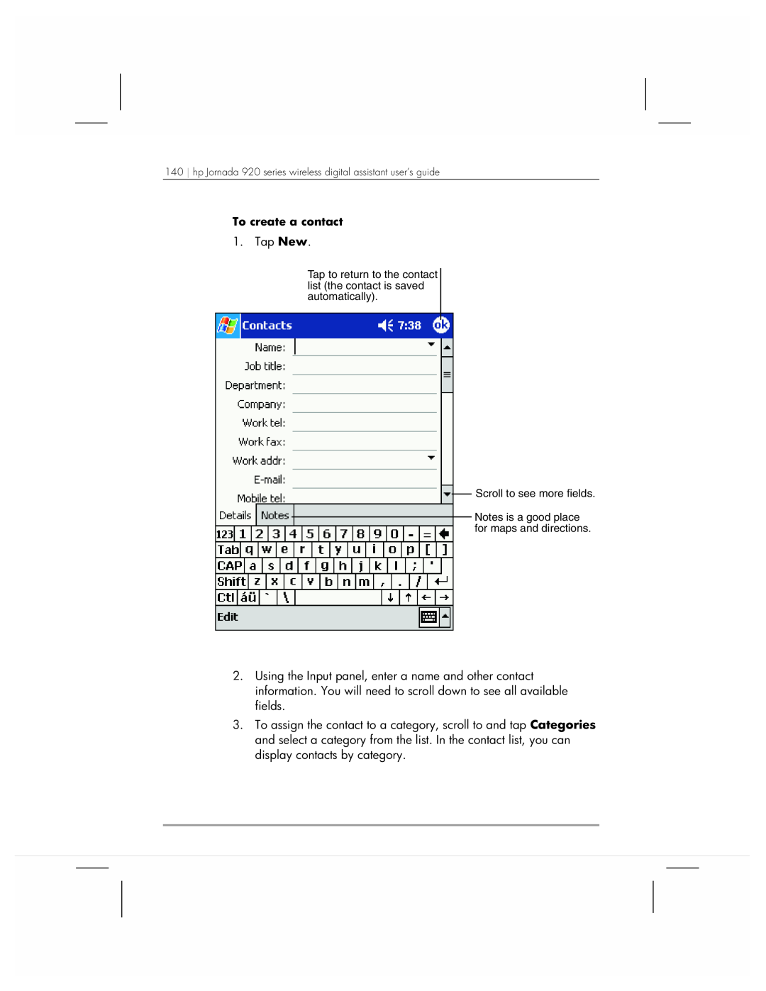 HP 920 manual To create a contact, Tap to return to the contact list the contact is saved automatically 