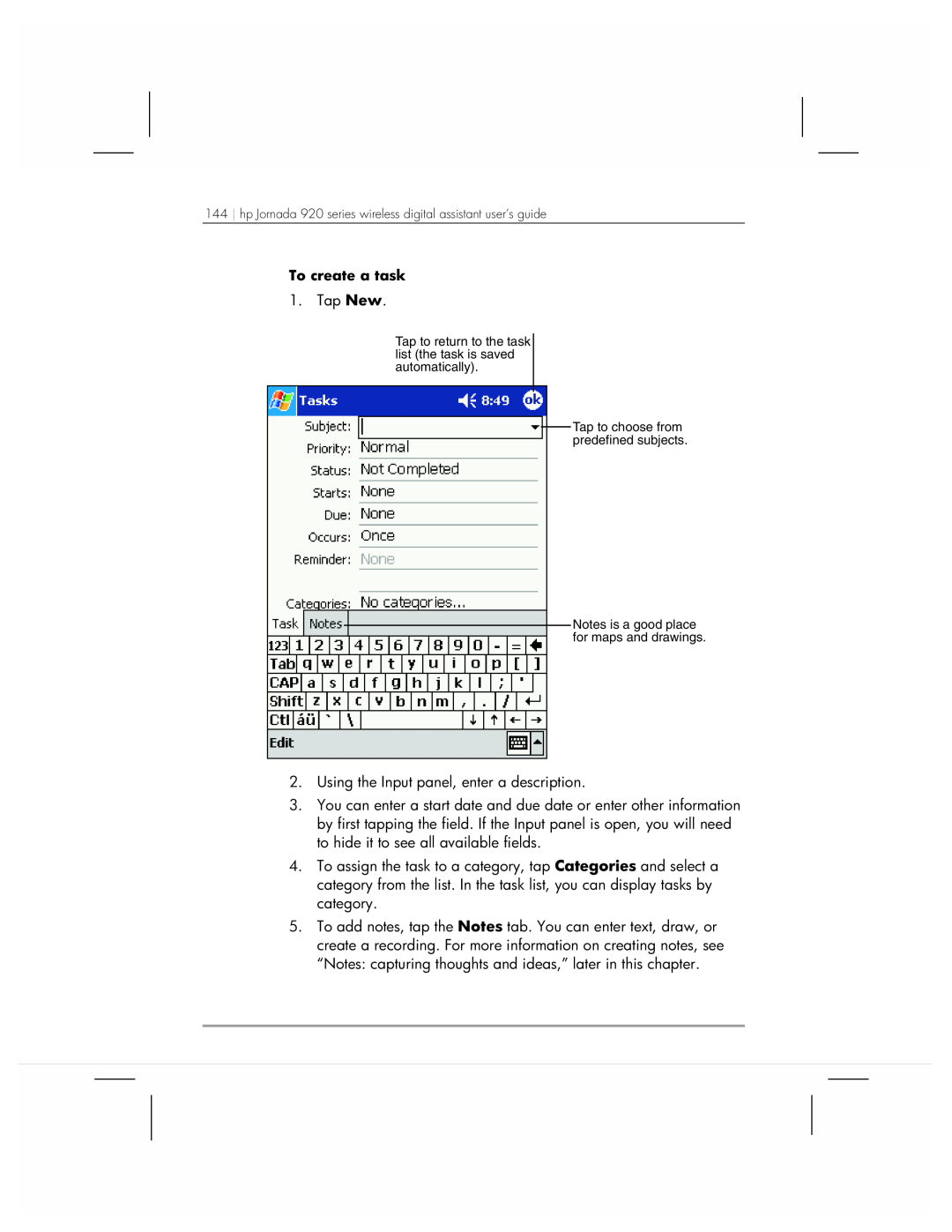 HP manual To create a task, hp Jornada 920 series wireless digital assistant user’s guide 