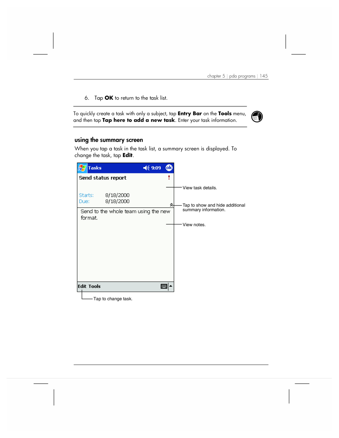 HP 920 manual using the summary screen, Tap OK to return to the task list, pda programs, View notes Tap to change task 