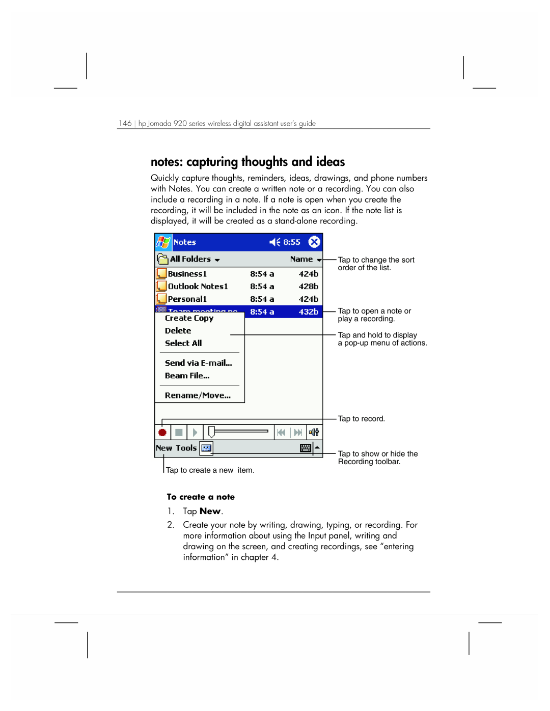 HP 920 manual notes capturing thoughts and ideas, To create a note 