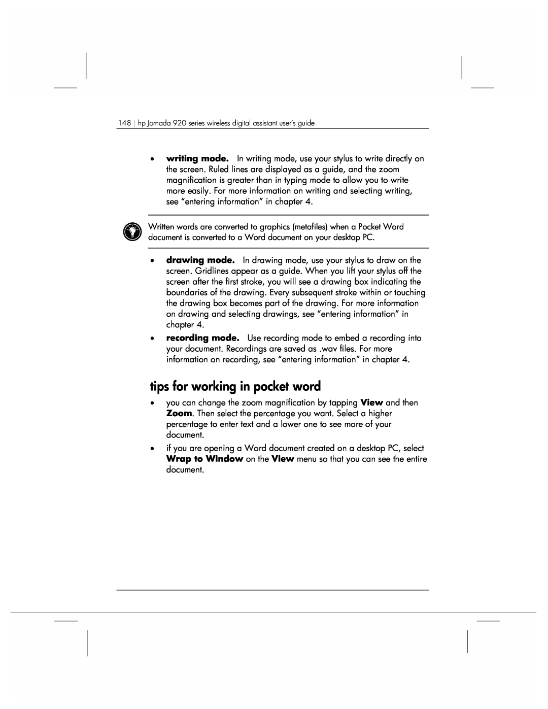 HP 920 manual tips for working in pocket word 
