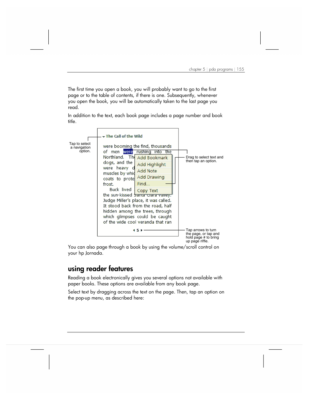 HP 920 manual using reader features, Tap to select a navigation option 