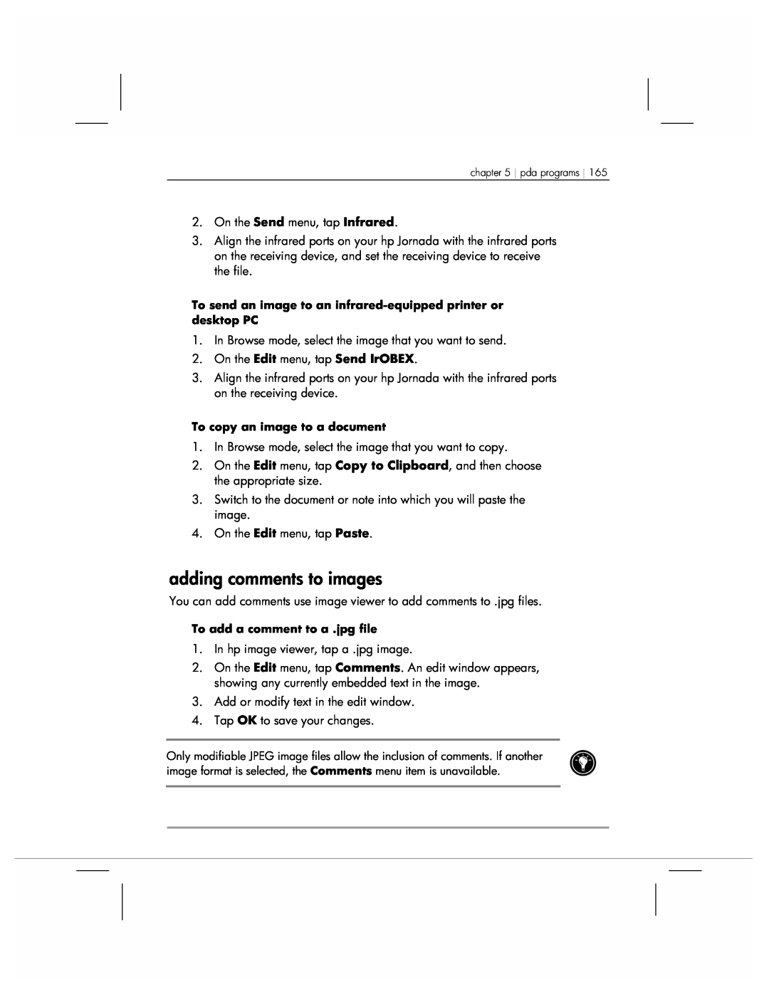 HP 920 manual adding comments to images, To send an image to an infrared-equipped printer or desktop PC 