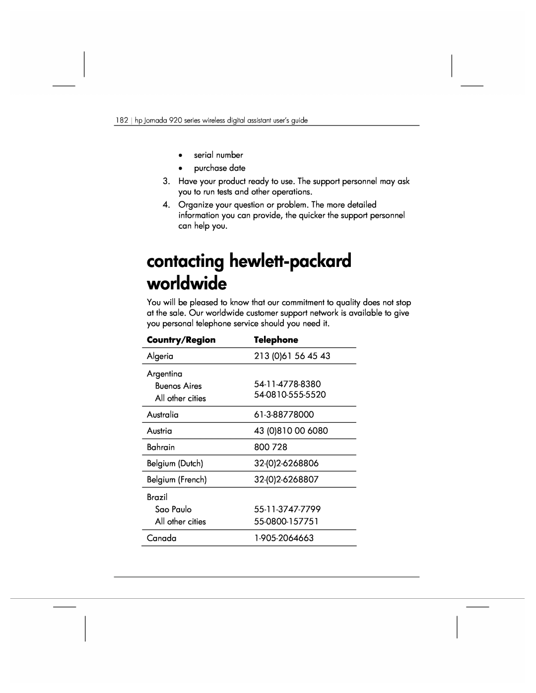 HP 920 manual contacting hewlett-packard worldwide, Country/Region, Telephone 