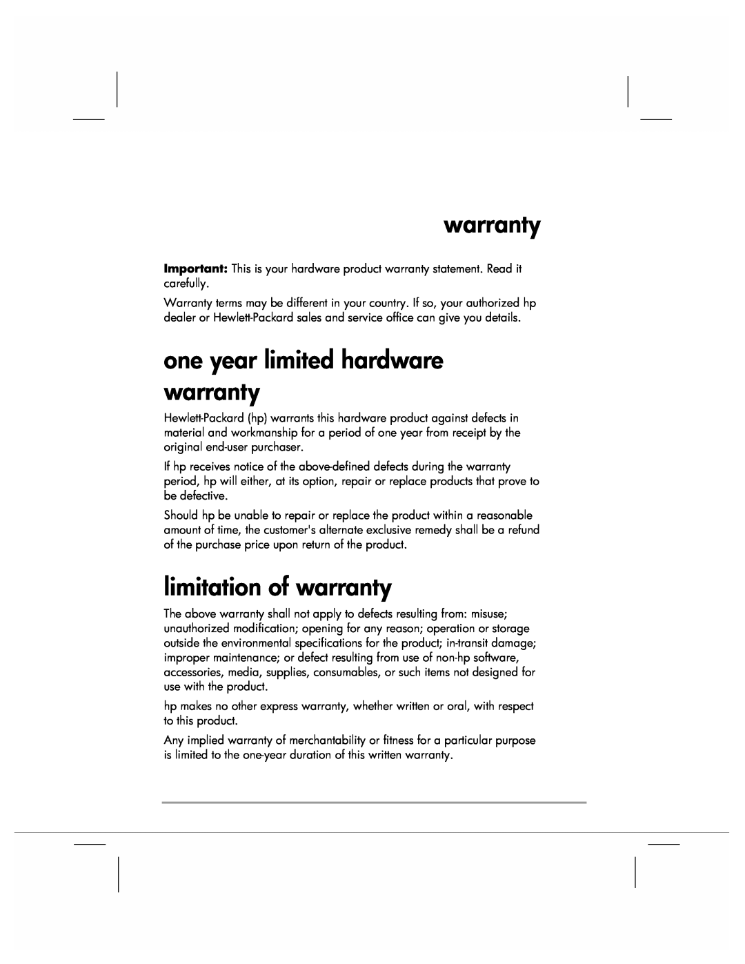HP 920 manual one year limited hardware warranty, limitation of warranty 