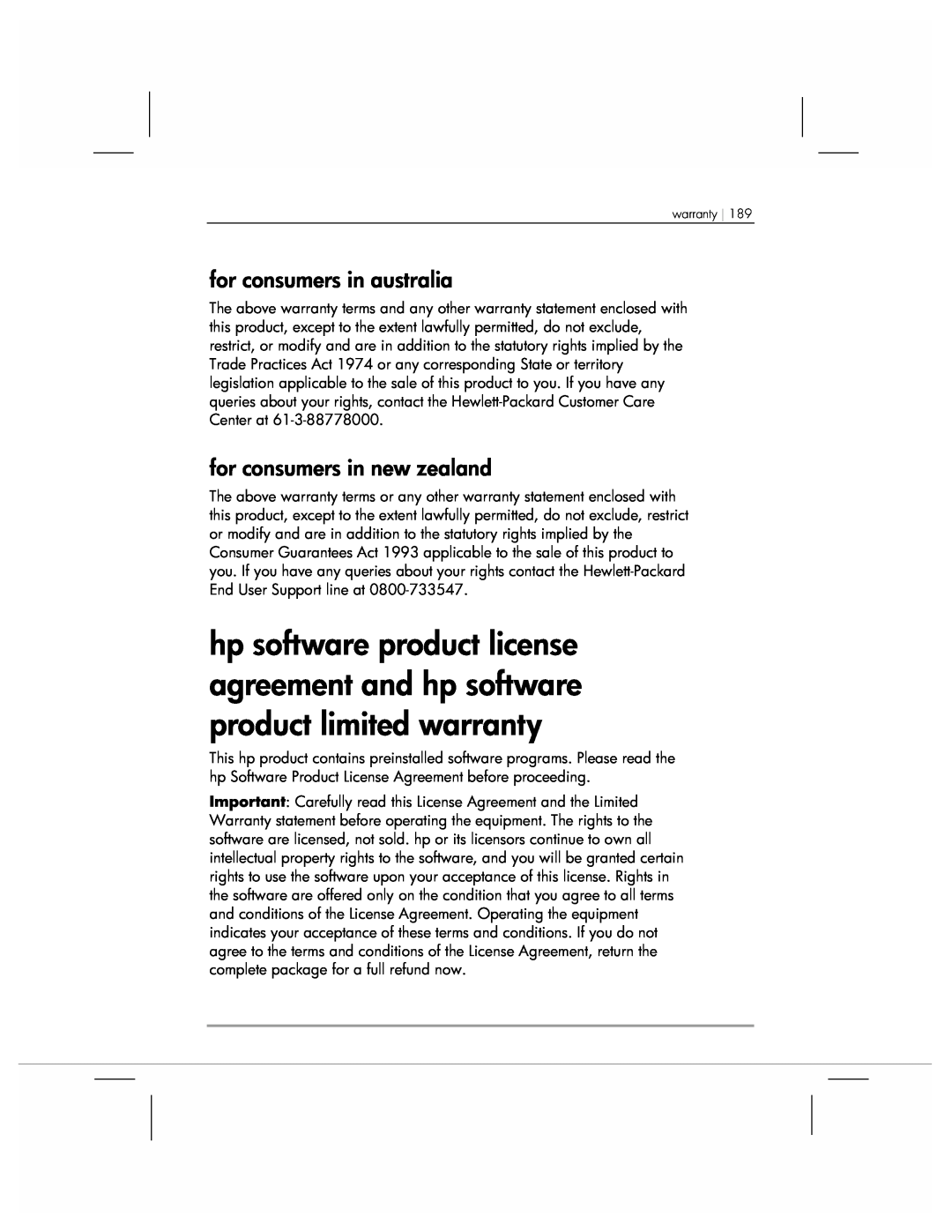 HP 920 manual for consumers in australia, for consumers in new zealand, warranty 
