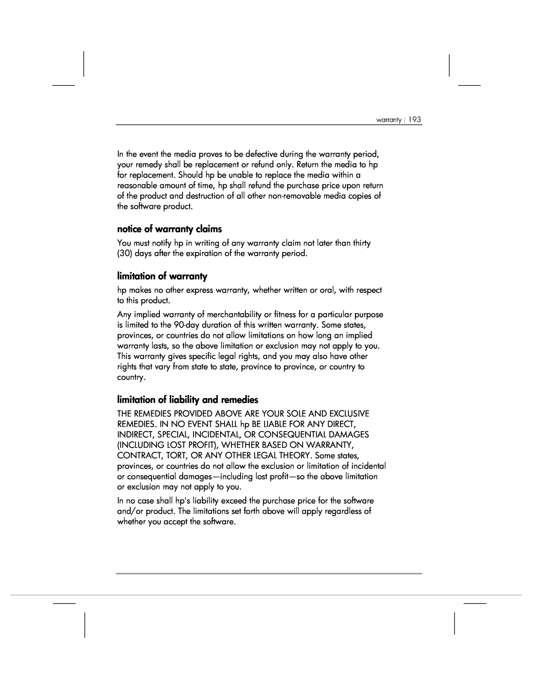 HP 920 manual notice of warranty claims, limitation of warranty, limitation of liability and remedies 