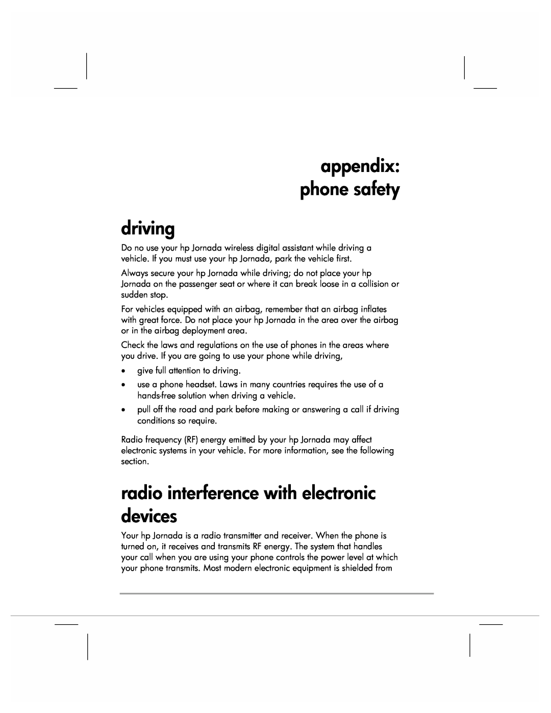 HP 920 manual driving, radio interference with electronic devices, appendix phone safety 