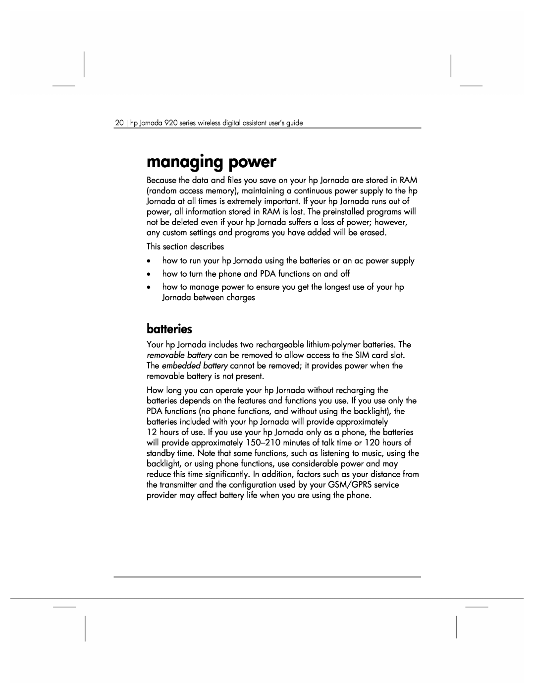 HP 920 manual managing power, batteries 