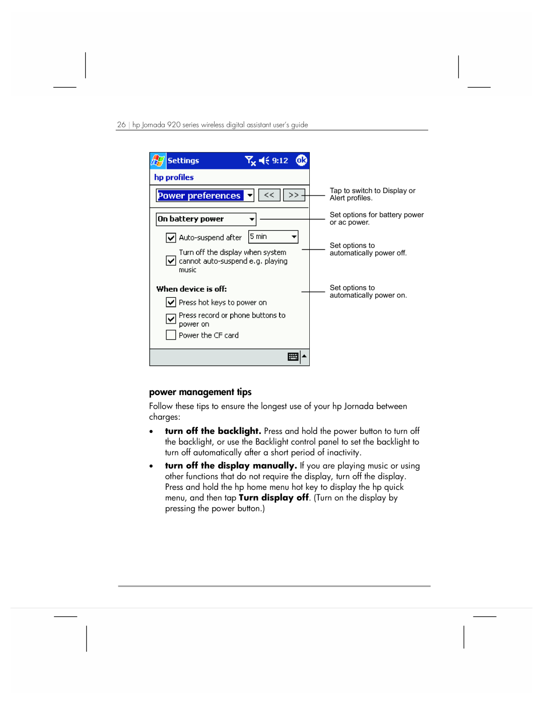 HP manual power management tips, hp Jornada 920 series wireless digital assistant user’s guide 