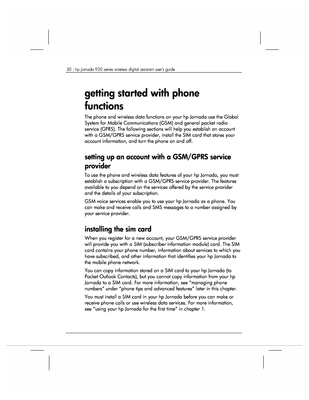 HP 920 manual getting started with phone functions, setting up an account with a GSM/GPRS service provider 