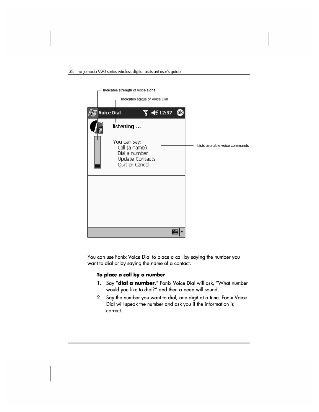 HP manual To place a call by a number, hp Jornada 920 series wireless digital assistant user’s guide 