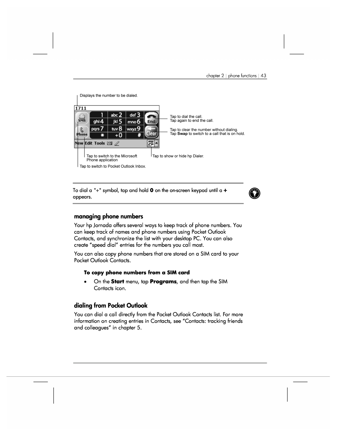 HP 920 manual managing phone numbers, dialing from Pocket Outlook 