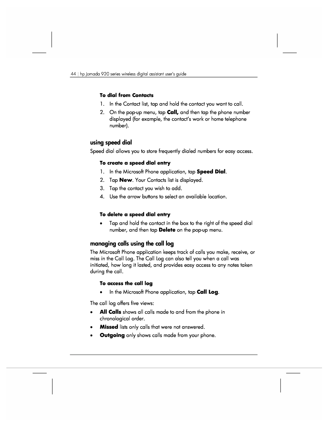 HP 920 manual using speed dial, managing calls using the call log 