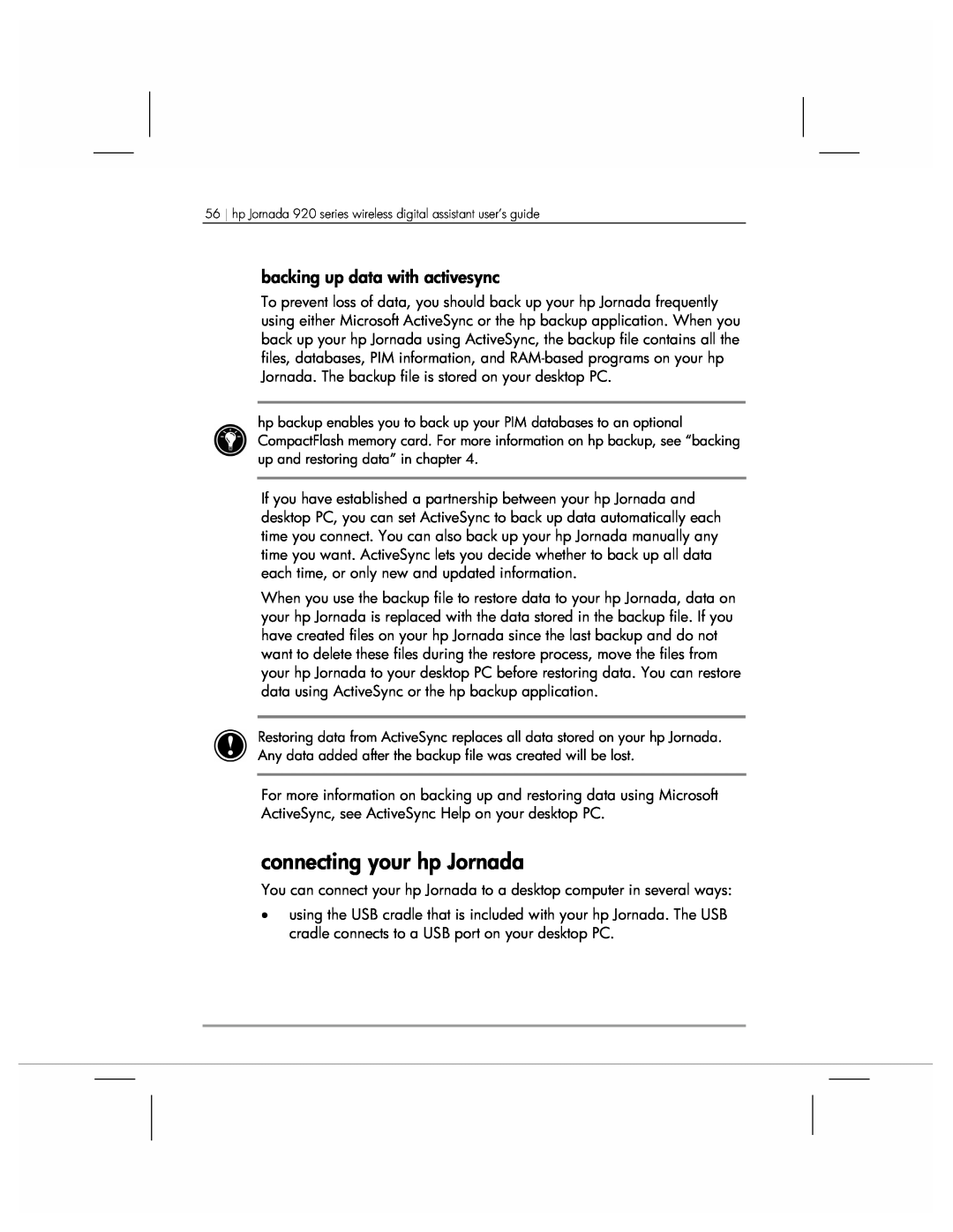 HP 920 manual connecting your hp Jornada, backing up data with activesync 