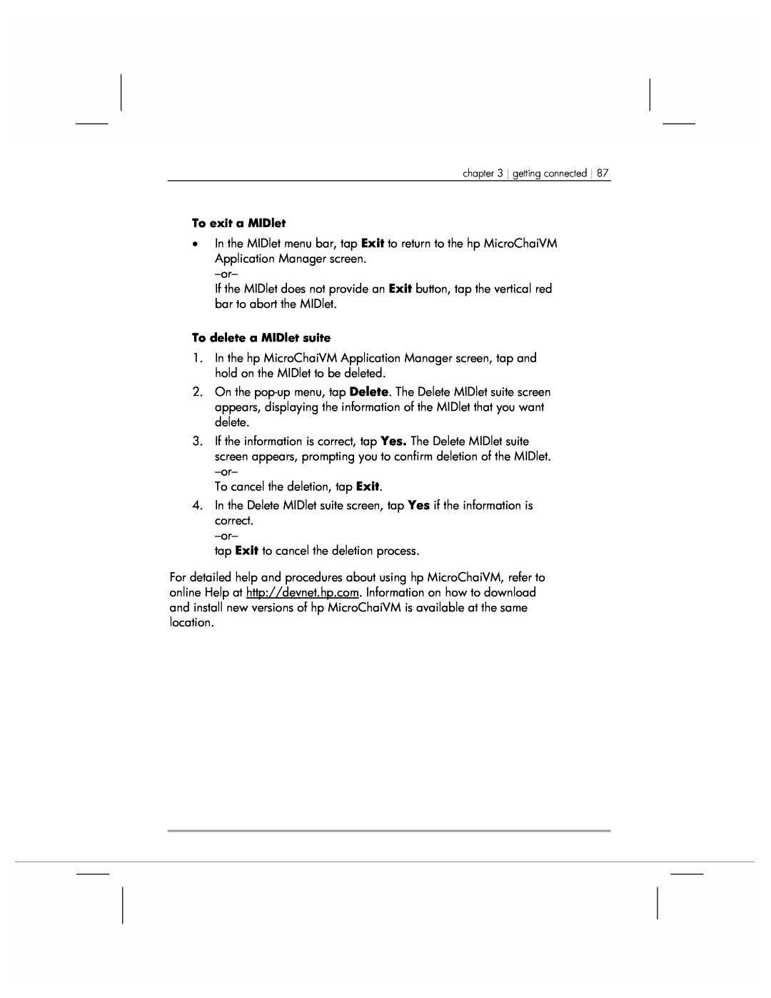 HP 920 manual To exit a MIDlet, To delete a MIDlet suite 