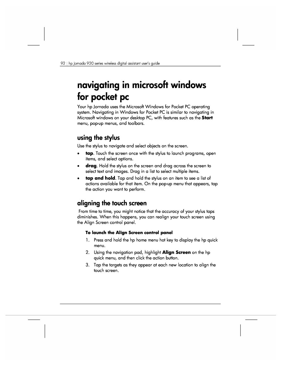 HP 920 manual navigating in microsoft windows for pocket pc, using the stylus, aligning the touch screen 