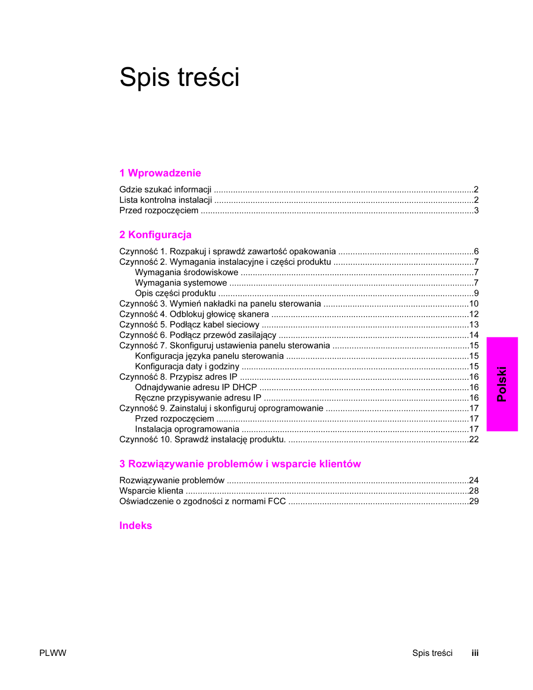 HP 9200c manual Spis treści, Konfiguracja 