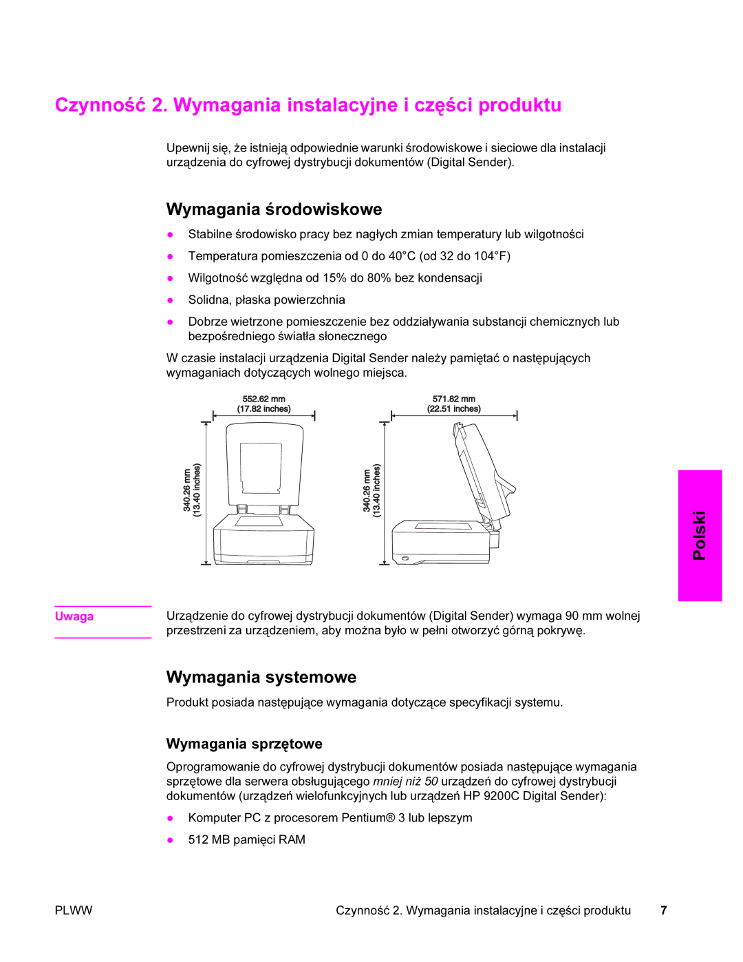 HP 9200c manual Czynność 2. Wymagania instalacyjne i części produktu, Wymagania środowiskowe, Wymagania systemowe 