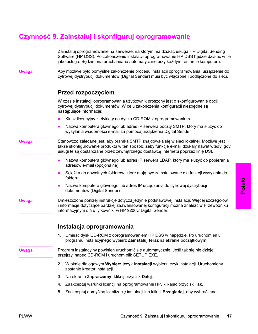 HP 9200c manual Czynność 9. Zainstaluj i skonfiguruj oprogramowanie, Przed rozpoczęciem, Instalacja oprogramowania 