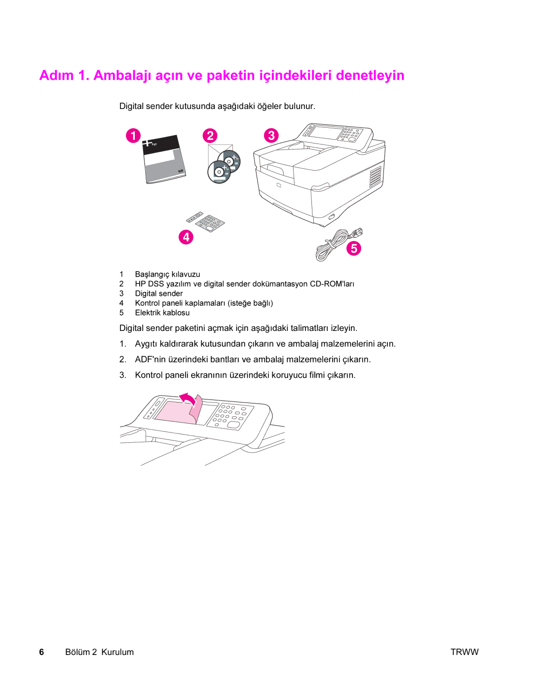 HP 9200c manual Adım 1. Ambalajı açın ve paketin içindekileri denetleyin, Digital sender kutusunda aşağıdaki öğeler bulunur 