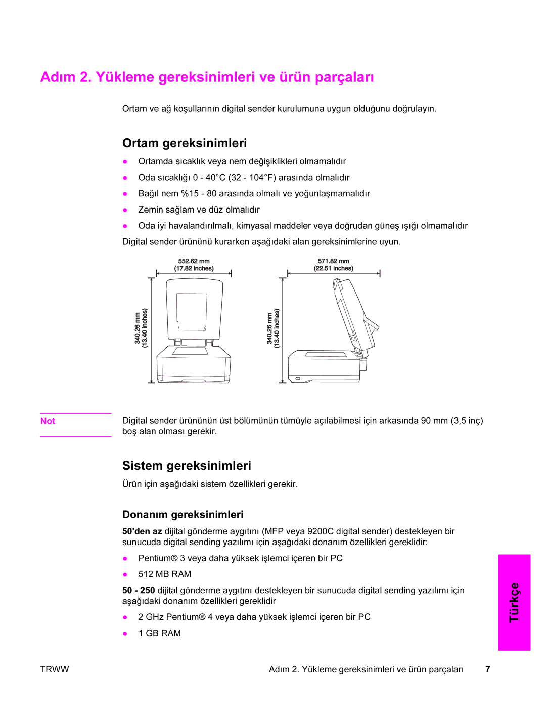 HP 9200c manual Adım 2. Yükleme gereksinimleri ve ürün parçaları, Ortam gereksinimleri, Sistem gereksinimleri 