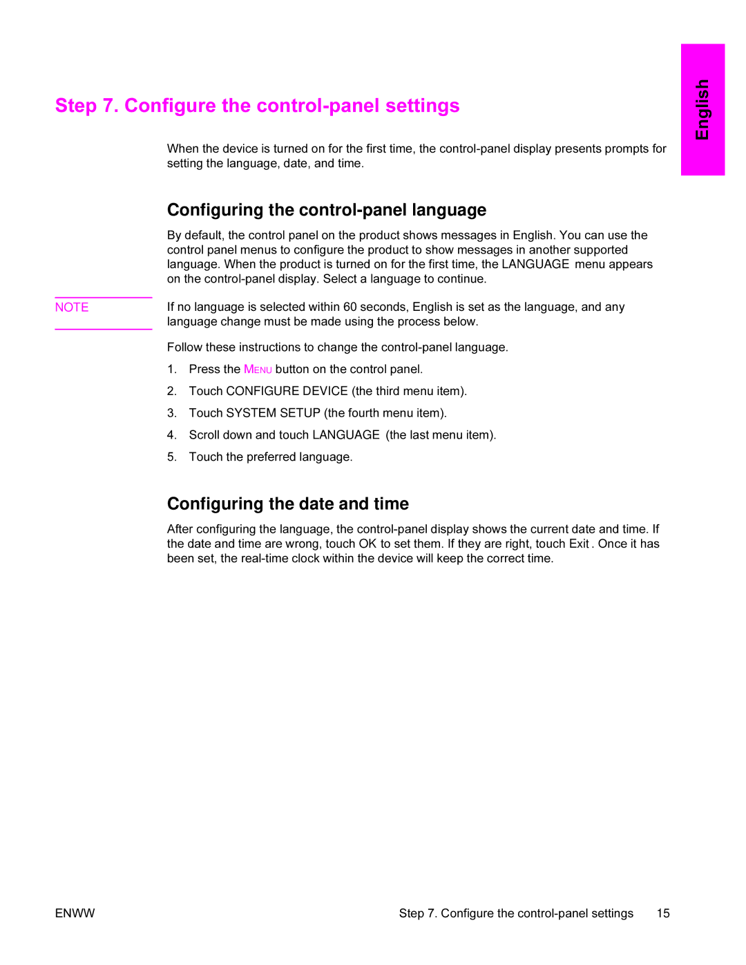 HP 9200c manual Configure the control-panel settings, Configuring the control-panel language, Configuring the date and time 