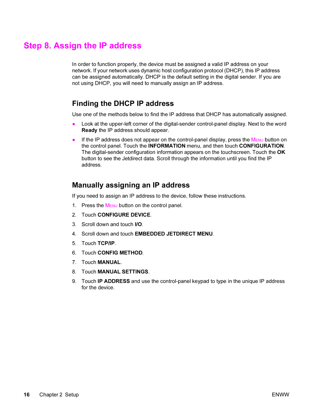 HP 9200c manual Assign the IP address, Finding the Dhcp IP address, Manually assigning an IP address 