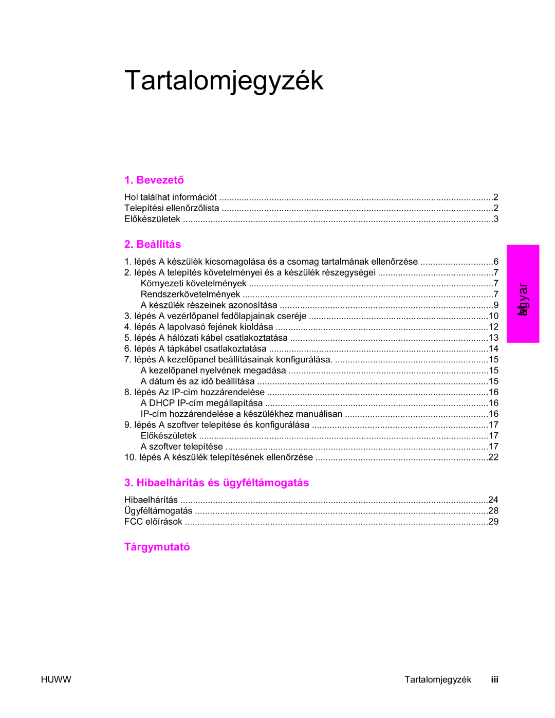 HP 9200c manual Tartalomjegyzék, Beállítás 