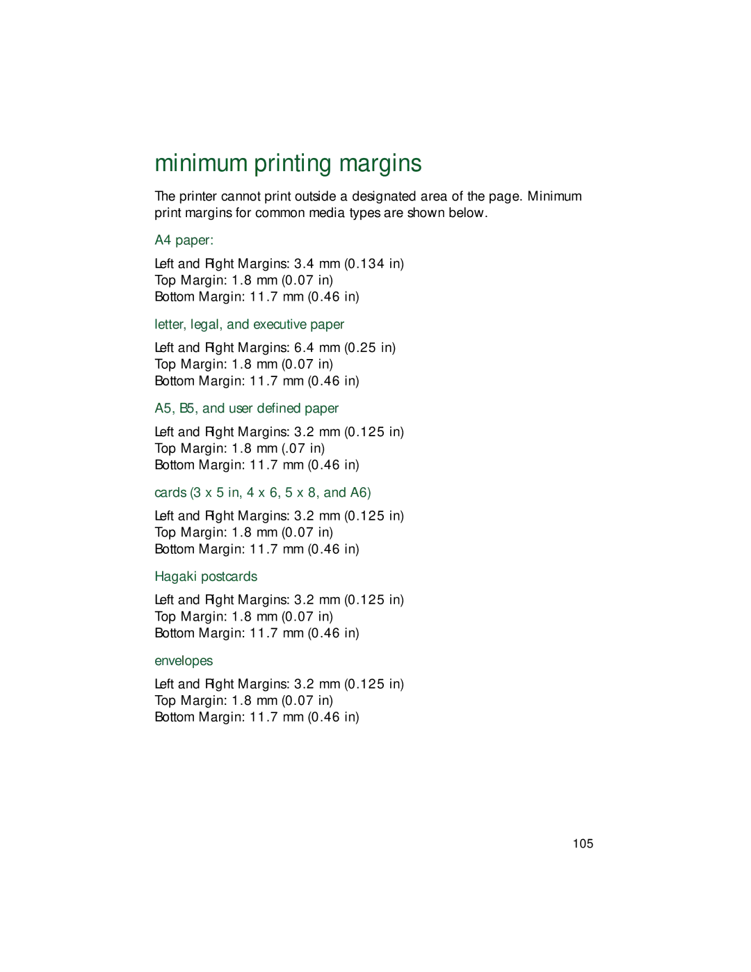 HP 940c, 920c, 948c manual Minimum printing margins 