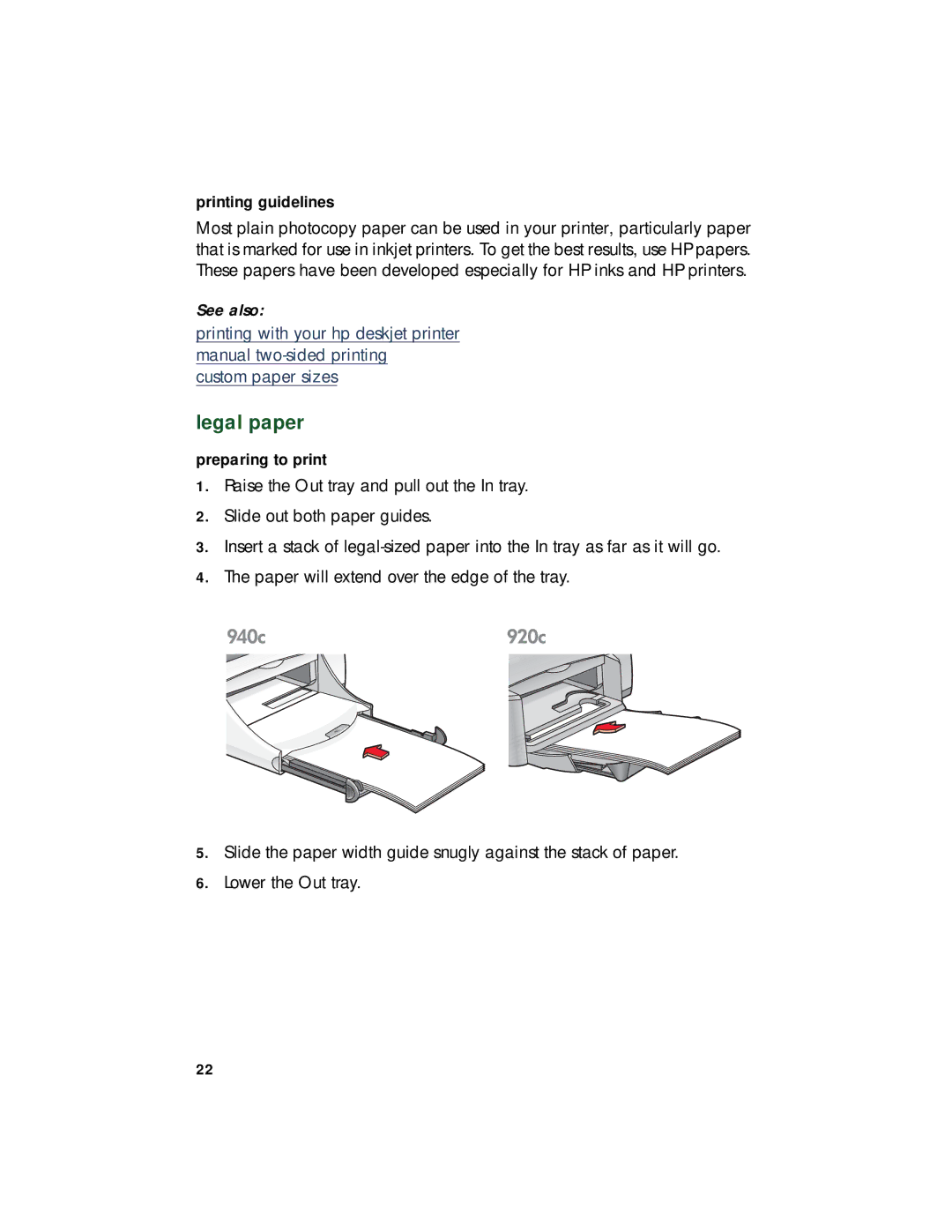 HP 920c, 948c, 940c manual Legal paper, Printing guidelines 