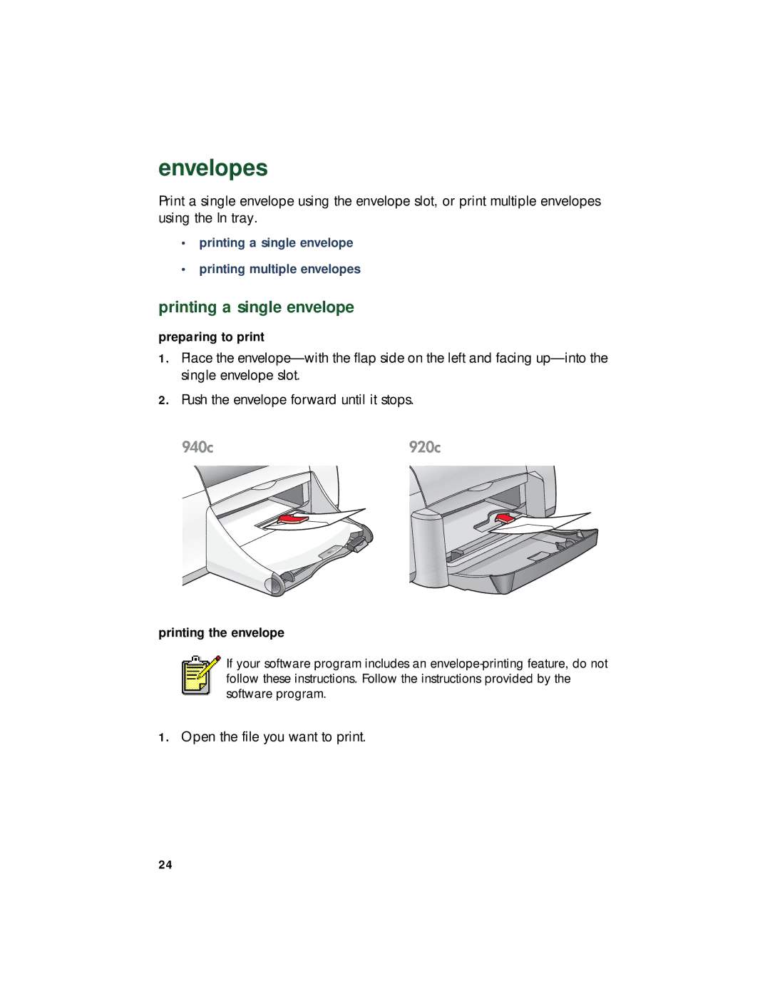 HP 940c, 920c, 948c manual Envelopes, Printing a single envelope 