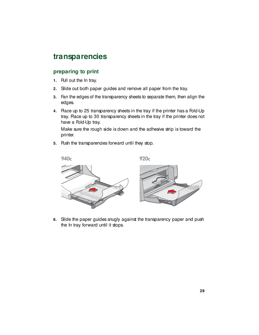 HP 948c, 920c, 940c manual Transparencies, Preparing to print 