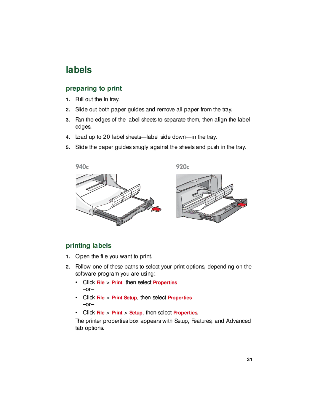 HP 920c, 948c, 940c manual Labels, Printing labels 