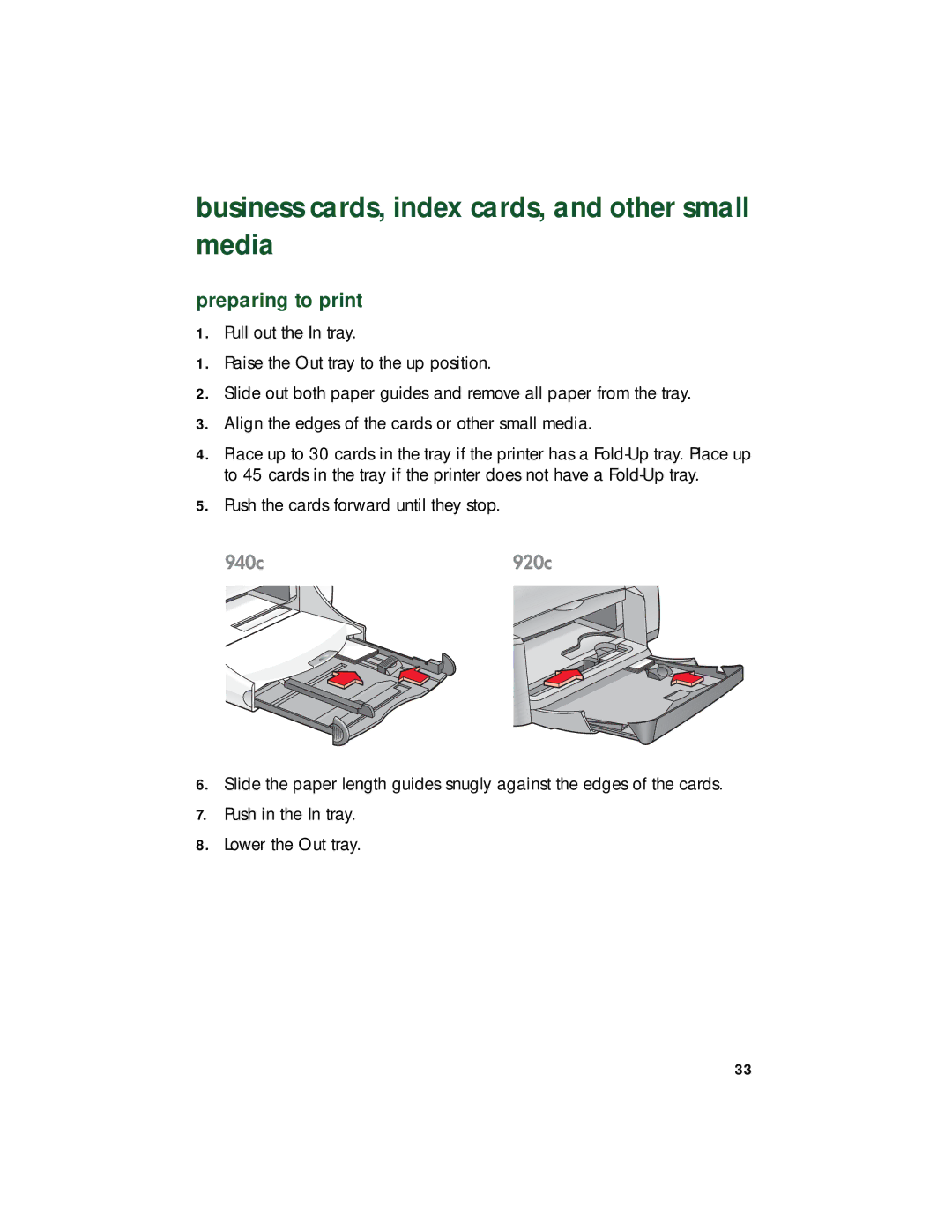 HP 940c, 920c, 948c manual Business cards, index cards, and other small media 