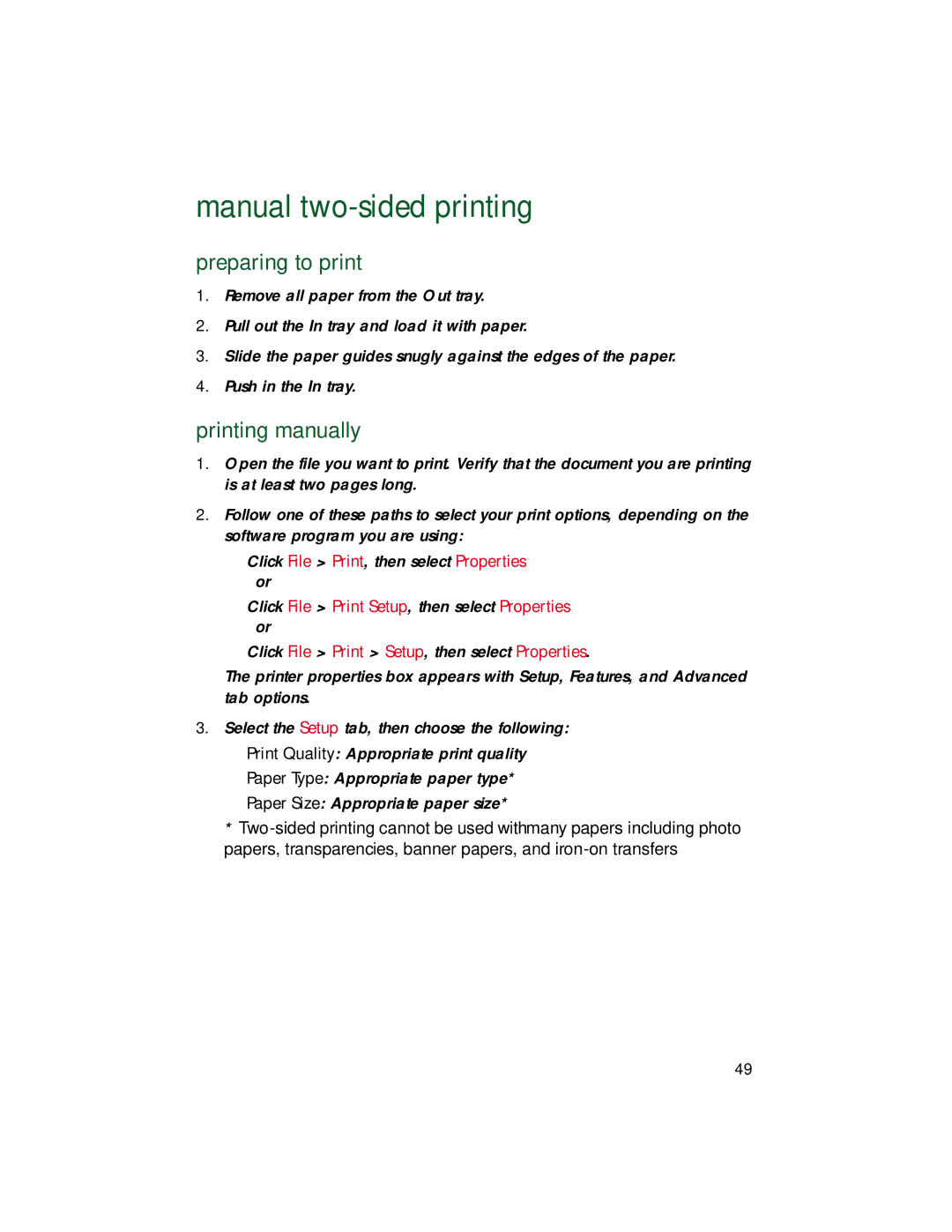 HP 920c, 948c, 940c Manual two-sided printing, Printing manually 