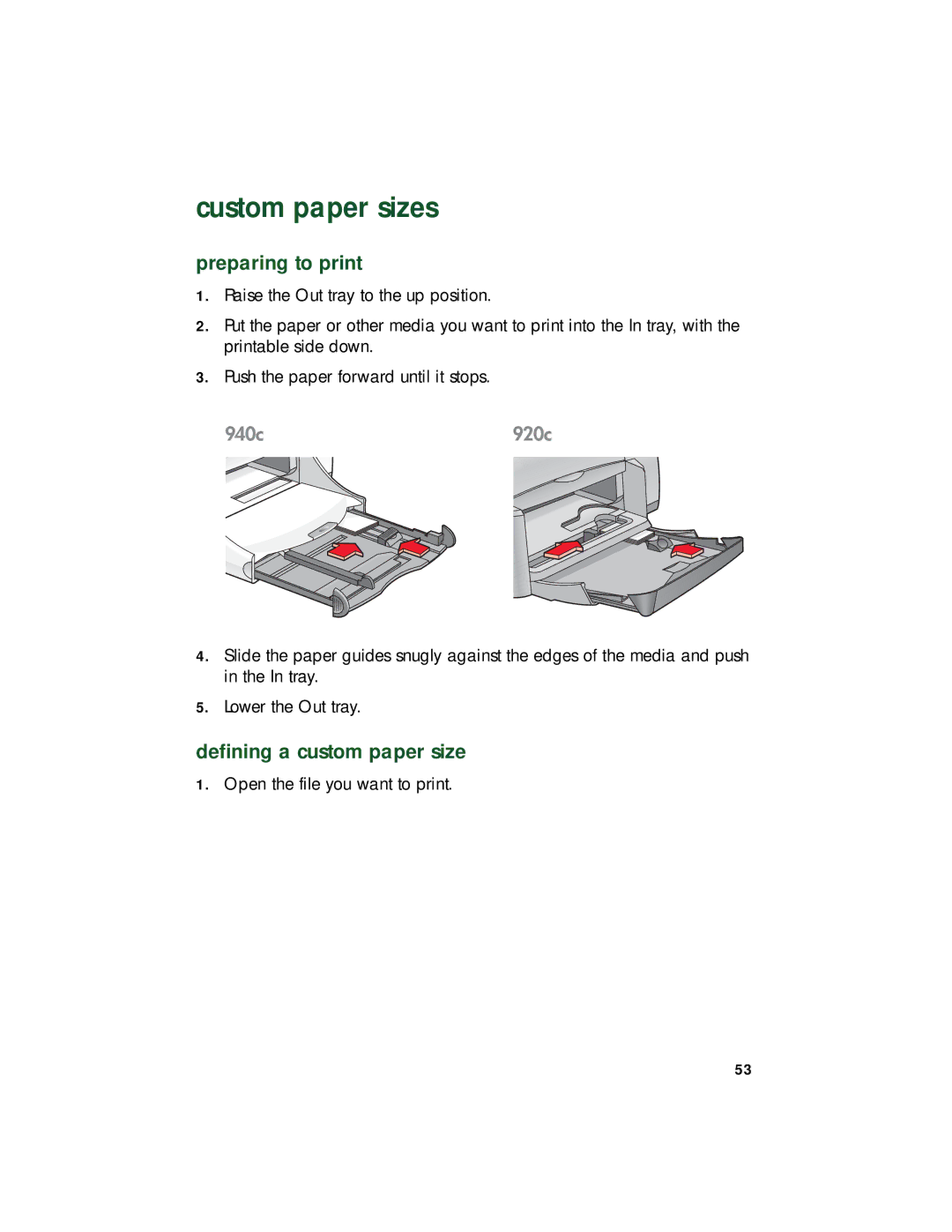 HP 948c, 920c, 940c manual Custom paper sizes, Defining a custom paper size 