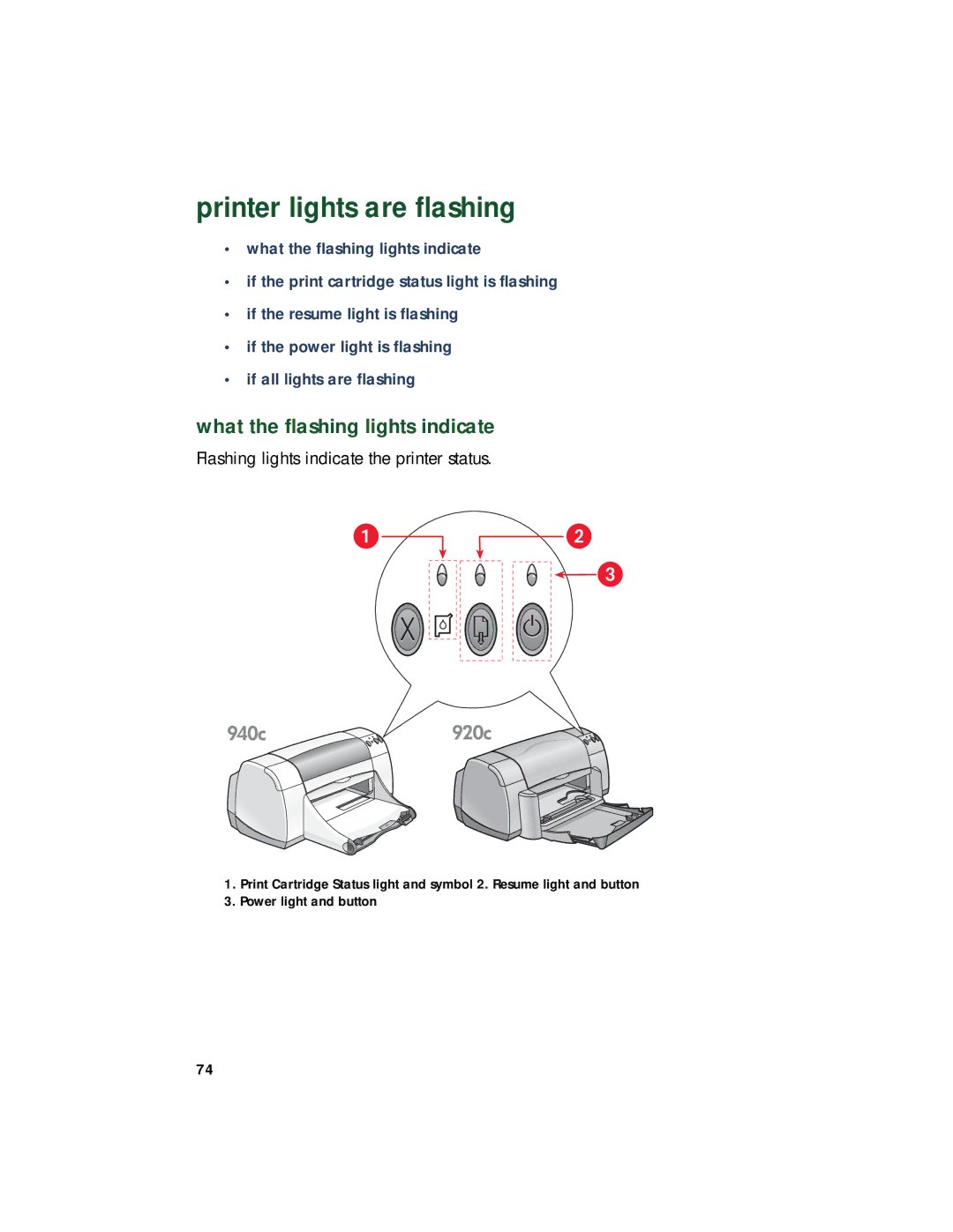 HP 948c, 920c, 940c manual Printer lights are flashing, What the flashing lights indicate 